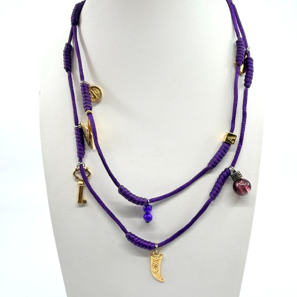 VTG Purple Silk Cord Multi Charm Necklace Gold Tone Key Heart Italy